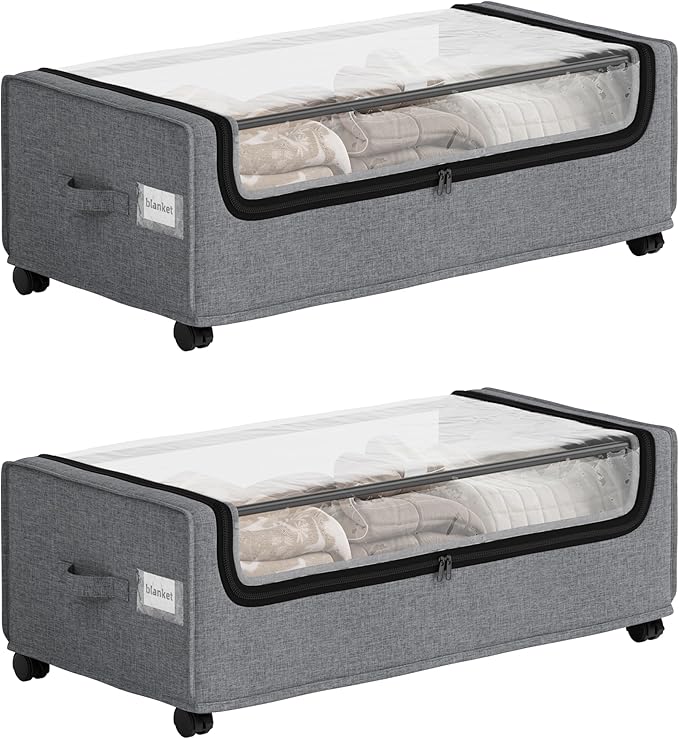 VicHomey Under Bed Storage With Wheels, Tall Under The Bed Storage, Underbed Storage Containers With Lids, Metal Frame, 90L Capacity, Large Size