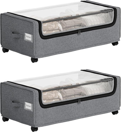 VicHomey Under Bed Storage With Wheels, Tall Under The Bed Storage, Underbed Storage Containers With Lids, Metal Frame, 90L Capacity, Large Size