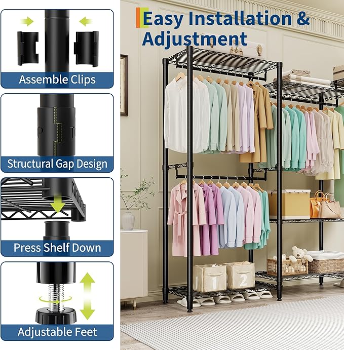 Portable Clothes Rack Heavy Duty Garment Rack, Large Freestanding Closet Wardrobe with Adjustable Shelves & 4 Hanging Rods, Closet Organizer and Storage for Bedroom Cloakroom, 76.5"H x 67.6"L x 15.5"W