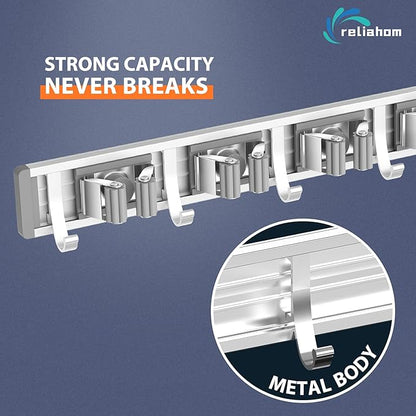 reliahom Broom Holder Wall Mount, 4 Racks with 5 Hooks Silver - Mop Storage Tool Racks, Broom Hanger Tool Organizer for Garage, Kitchen, Garden, Laundry Room