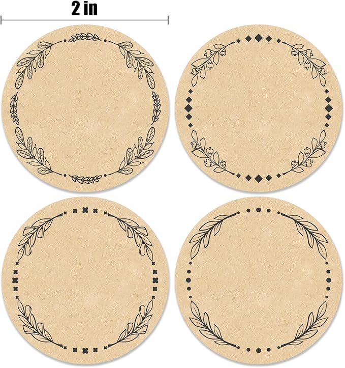 500pcs 2" Label Stickers for Jars and Lids, 4 Different Wreath Designs, Kraft Labels Christmas Valentines Day Gift Tags Stickers for Pantry, Mason Jars, Canning, Bottles