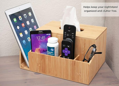 MobileVision Bamboo Tissue Box Holder & Tablet Stand Organizer for Bedroom & Desktop; compartments hold iPad Phones Remote Controls Reading Glasses Notepads & Pens