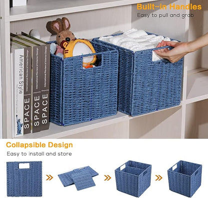 Vagusicc Wicker Storage Basket, Set of 2 Hand-Woven Storage Baskets for Shelves with Handles, Foldable Cube Storage Baskets Bins 11 Inch Large Wicker Baskets for Pantry Decor, Blue(11''x11''x11'')