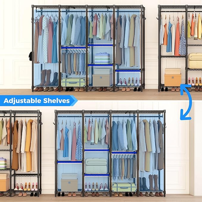 Large Heavy Duty Clothes Rack with Shelves, Adjustable Wire Garment Rack, Functional Clothing Racks for Hanging Clothes Freestanding Wardrobe Closet, 76.8" L x 17.1" W x 77" H, Max Load 900lbs
