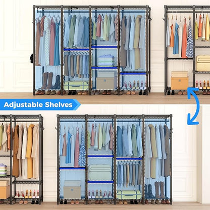 Large Heavy Duty Clothes Rack with Shelves, Adjustable Wire Garment Rack, Functional Clothing Racks for Hanging Clothes Freestanding Wardrobe Closet, 76.8" L x 17.1" W x 77" H, Max Load 900lbs