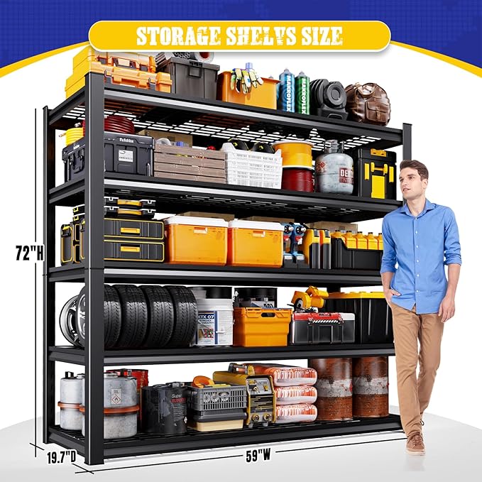 Set of 2 Heavy Duty Garage Shelving 5-Tier Storage Shelves, Adjustable Metal Shelving Unit, Utility Garage Organizer Shelf for Basement, Pantry, Warehouse, Supermarket, 59" W x 19.7" D x 72" H