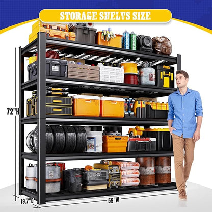 72" H Heavy Duty Garage Shelving 5-Tier Storage Shelves, Adjustable Metal Shelving Unit, Utility Garage Organizer Shelf for Basement, Pantry, Warehouse, Supermarket, 59" W x 19.7" D x 72" H