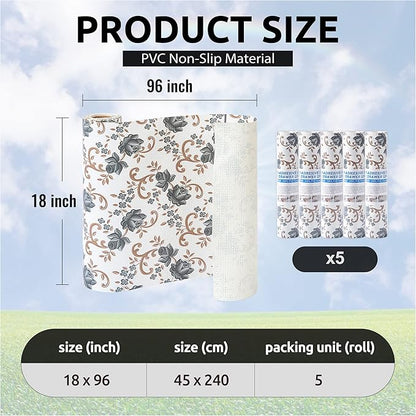 FIFTY FEET 18X96 Inch Shelf Liner for Kitchen Cabinets, PVC Drawer Liner for Dresser Non-Slip Bathroom, Non-Adhesive Cabinet Liner Washable (Black Floral)(5 Roll)