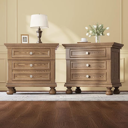 AMERLIFE Fully Assembled Nightstand Set of 2, Solid Wood End Table with 2 Storage Drawers, 26" Extra Large Traditional Bedside Cabinet for Bedroom, Light Brown
