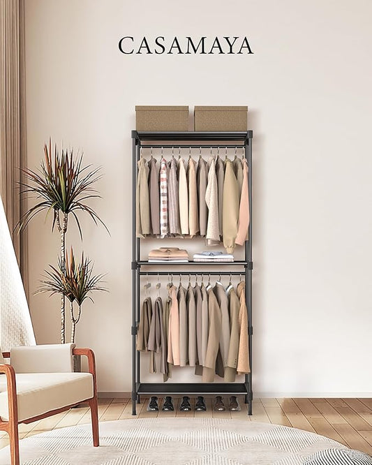 Clothes Rack, Portable Closet, 27.6 Inch Wardrobe Closet, Clothes Storage Organizer with Shelves and 2 Hanging Rods, Easy to Assembly, Black PCT001B01