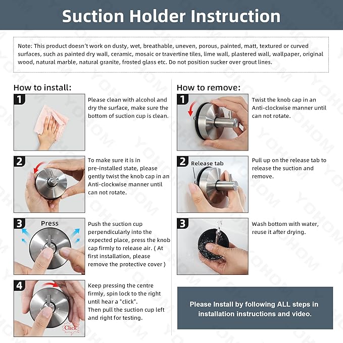 YOHOM Suction Cup Hooks - Black Stainless Steel Window and Shower Towel Hooks - Holds 2 Pcs
