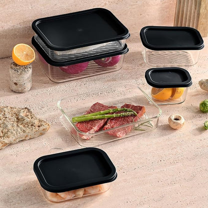 EATEX 7 Pack Glass Meal Prep Containers with Grooved Base, 7 Stackable BPA Free Glass Storage Containers with Lids for Lunch, Pantry, and Kitchen - Microwave, Dishwasher Freezer & Oven Safe - Black