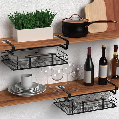 Home Zone Living 2-Pack Under Shelf Pull-Out Drawer Kitchen Cabinet Organizer with Steel Mesh Basket and Wooden Handle, 17 Inch Length