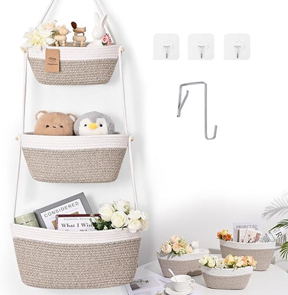Hanging Storage Baskets, Over The Door Basket, Cotton Wall Baskets Storage, Hanging Door Basket with 4 Hooks