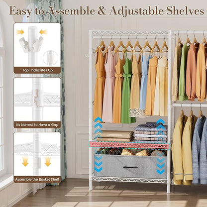 Coat Rack Clothes Wardrobe：Closet Organizer and Storage Clothing Garment Rack with Shelves Heavy Duty for Hanging Clothes Portable Adjustable White 15.8" DX69 WX76.5 H