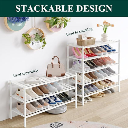 Smiry Long Bamboo Shoe Rack 2-Tier, Stackable Wooden Shoe Organizer for Entryway & Closet, Free Standing Wood Shoe Storage Shelf for Front Door & Small Spaces, White