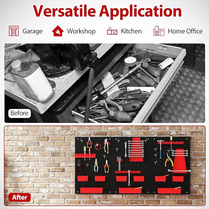 Tool Pegboard Organizer, 4 FT Metal Pegboard Wall with Hooks, Storage Bins & Tool Holders, Peg Board Kit Garage Storage System for Workbench Shed, Craft Room & Workshop (Black+Red)