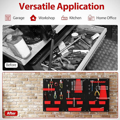Tool Pegboard Organizer, 4 FT Metal Pegboard Wall with Hooks, Storage Bins & Tool Holders, Peg Board Kit Garage Storage System for Workbench Shed, Craft Room & Workshop (Black+Red)