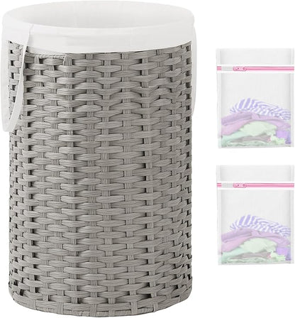 34.3 Gal (130 L) Large Laundry Hamper Laundry Basket Round Handwoven Wicker Laundry Baskets Rattan Laundry Basket with Removable Bag Handles 2 Mesh Bags for Living Room Bedroom Gray (No Lid)