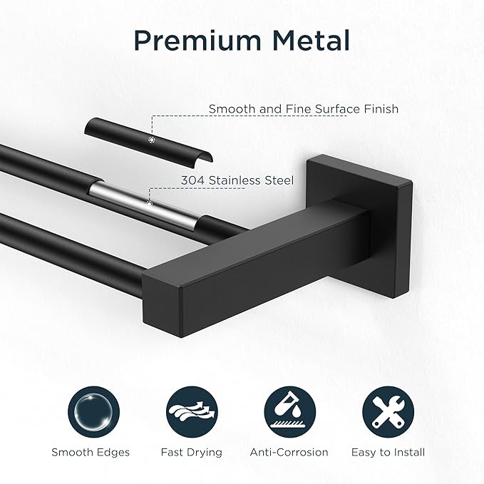 FORIOUS Black Double Towel Bar 24 Inch, Double Towel Racks for Bathroom Wall, Heavy Duty SUS304 Stainless Steel Square Dual Towel Bar Wall Mount, Matte Black