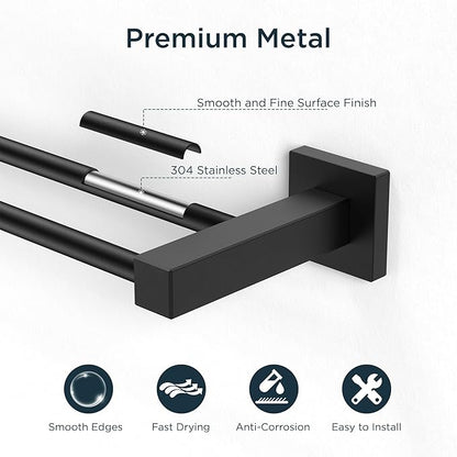 FORIOUS Black Double Towel Bar 24 Inch, Double Towel Racks for Bathroom Wall, Heavy Duty SUS304 Stainless Steel Square Dual Towel Bar Wall Mount, Matte Black