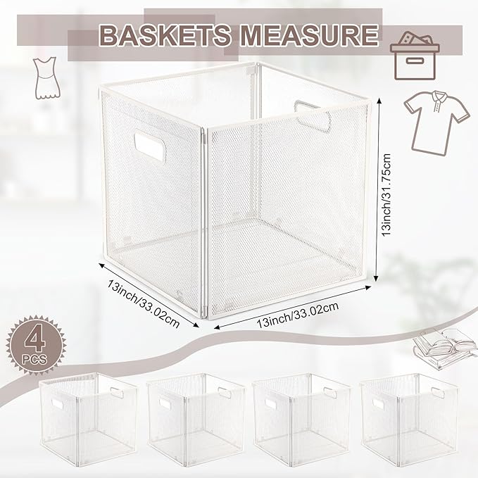 2 Pcs Foldable Metal Cube Storage Baskets 13x13 Kitchen Wire Baskets Stackable Mesh Laundry Organizer Bin with Handles for Shelves Kitchen Pantry Cabinets Closet Food (White)