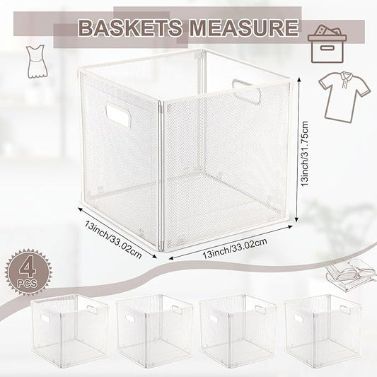 2 Pcs Foldable Metal Cube Storage Baskets 13x13 Kitchen Wire Baskets Stackable Mesh Laundry Organizer Bin with Handles for Shelves Kitchen Pantry Cabinets Closet Food (White)