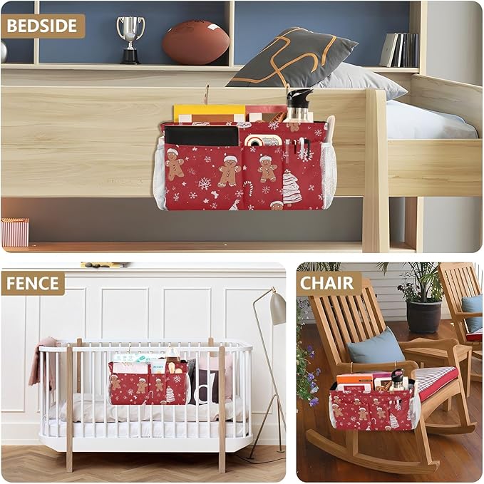CuwrYet Bedside Caddy Hanging Bunk Bed Caddy Bed Organizer Hanging Pocket with 2 Hooks Bedside Storage Organizer Pocket Bag Holder Gingerbread Christmas Tree01