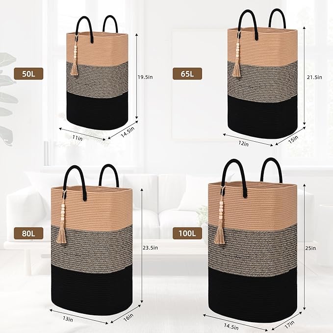 Woven Laundry Basket for Clothes, 65L Large Rectangle Laundry Hampers with Beads Tassel, Nursery Storage Basket for Toys, Tall Dirty Clothes Hamper for Bedroom Aesthetic, Laundry Room Organization