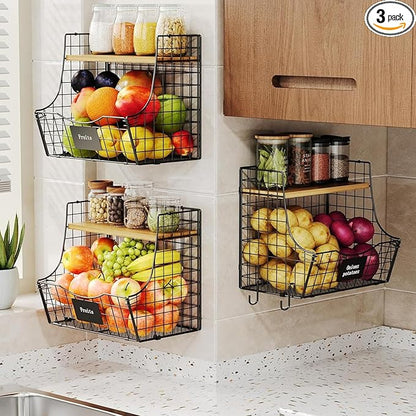 3 Pack Fruit Basket for Kitchen with Wood Lid - Counter&Wall Mounted Onion and Potato Storage with Nameplate, Stackable Storage Basket, Hanging Metal Wire Baskets Kitchen Countertop Organizer Pantry