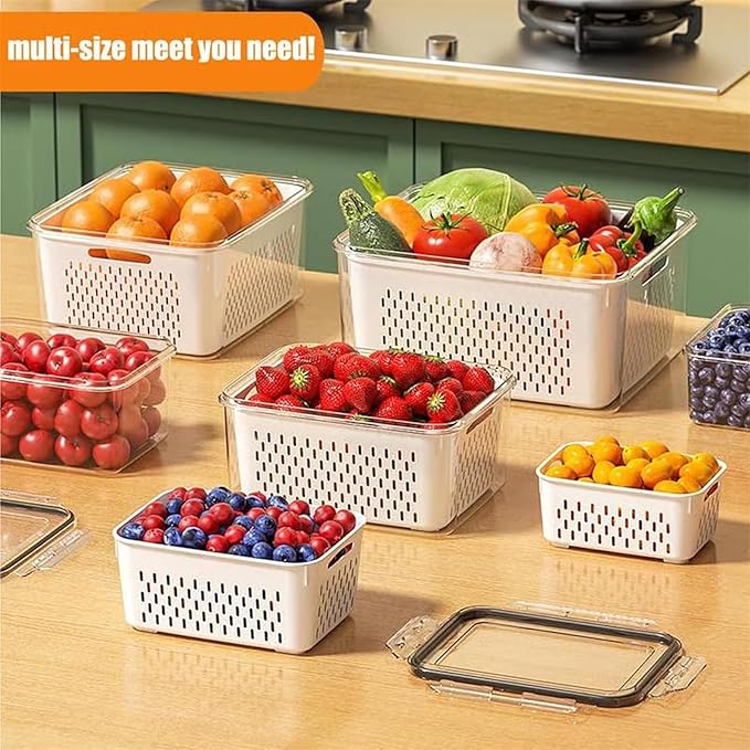 Organizeh Household Transparent Plastic Food Storage Box-Including Drain Basket, Portable Breathable Multifunctional Basin, Fruit Storage Containers for Fridge with Removable Colander (Blue)