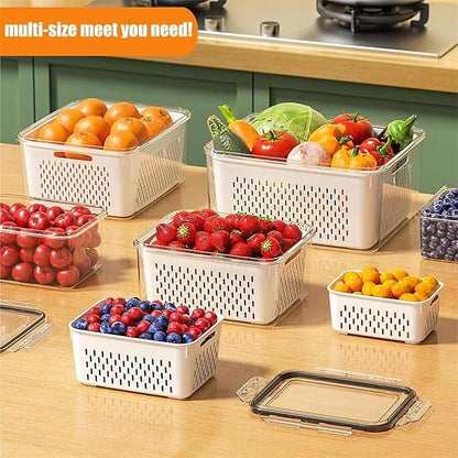 Organizeh Household Transparent Plastic Food Storage Box-Including Drain Basket, Portable Breathable Multifunctional Basin, Fruit Storage Containers for Fridge with Removable Colander (Blue)