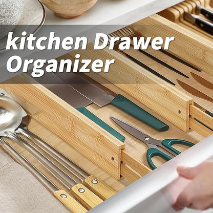 Aubeco 6 pcs Large Bamboo Drawer Dividers, Expandable 17"-22" Wooden Organizers for Kitchen, Office, Dresser, Bedroom, Clothes
