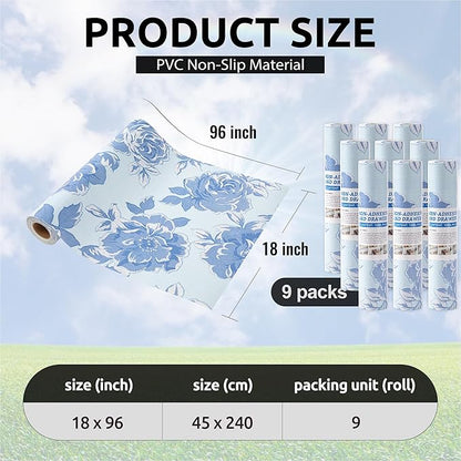 FIFTY FEET 18X96 Inch Shelf Liner for Kitchen Cabinets, PVC Drawer Liner for Dresser Non-Slip Bathroom, Non-Adhesive Cabinet Liner Washable (Blue Flower)(9 Roll)