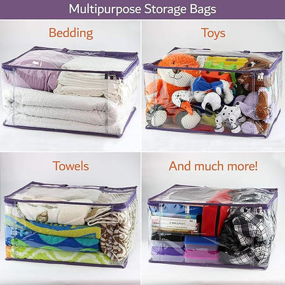 Clear Vinyl Zippered Storage Bags (3-Pack) 40L Sturdy Storage Bags for Sweaters, Blankets, Comforters, Bedding Sets and Much More! (Purple, 18x15x9)