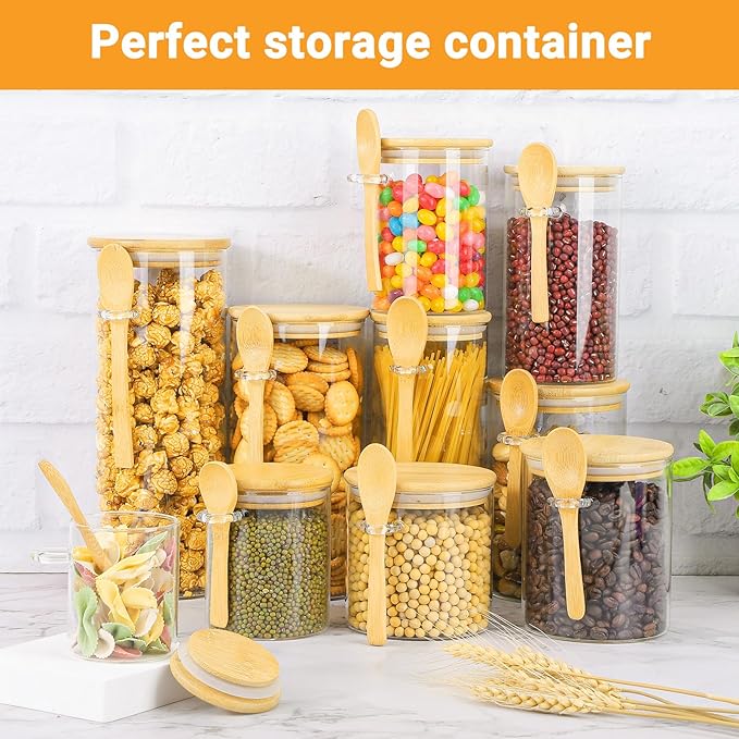 Glass Jars with Bamboo Lids and Spoon - 2 Pack 26 Fl.oz Round Glass Pantry Storage Containers Set, Includes Labels and Marker, Loose Leaf Tea Canister Jar for Sugar, Flour, Beans, Nuts, Oats