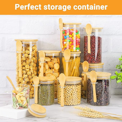 Glass Jars with Bamboo Lids - 4 Pack 15 Fl.oz Round Glass Storage Jars with Airtight Lid and Spoon, Clear Stackable Food Container for Overnight Oats, Spice, Coffee, Sugar, Tea Canister