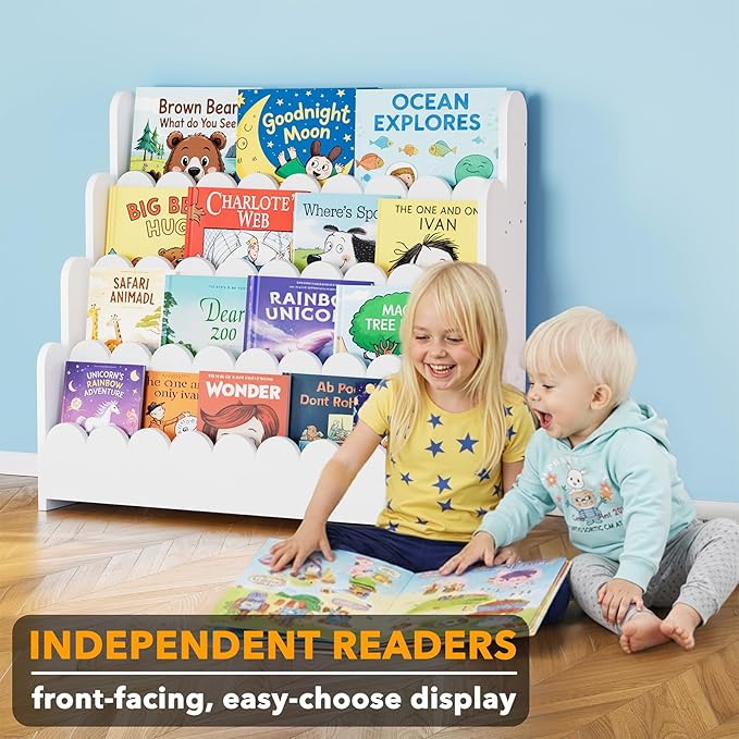 SpaceAid 4-Tier Scalloped Bookshelf, Montessori Bookcase for Toddlers, Wooden Book Shelf Organizer Display Furniture for Kids Rooms, Playroom, Nursery and Classroom, 29.6“ Wide, White