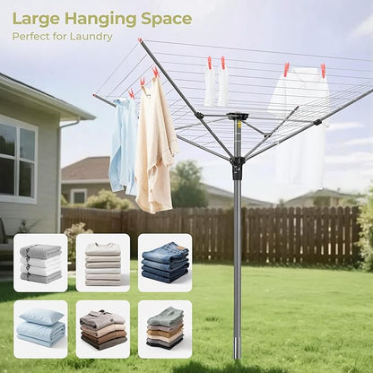 Outdoor Clothes Drying Rack, Portable Umbrella Clothesline, 4-Arm 12 Lines of 164 Ft Hanging Space, Height Adjustable Outdoor Rotary Drying Rack, Foldable Laundry Drying Rack for Backyard