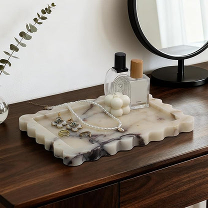 Real Natural Marble Tray, Luxury Scalloped Vanity Decorative Tray, Genuine Calacatta Gold Stone Tray for Bathroom Dresser, Home Decor, Kitchen Storage, Non-Resin/Ceramic, 10.6" x 8"