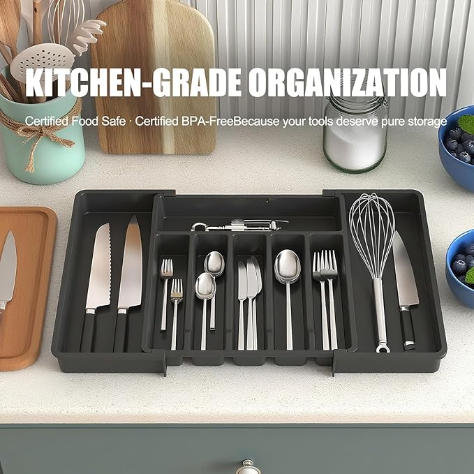 Expandable Silverware Drawer Organizer, Adjustable Utensil Tray with 8 Compartments for Kitchen Cutlery Storage, BPA-Free Plastic Flatware Holder, Smart Value Solution, Black
