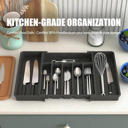 Expandable Silverware Drawer Organizer, Adjustable Utensil Tray with 8 Compartments for Kitchen Cutlery Storage, BPA-Free Plastic Flatware Holder, Smart Value Solution, Black