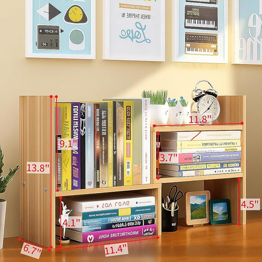 Desktop Shelf Organizer, Adjustable Wood Office Storage Rack, Counter Display Small Bookshelf for Home/Office/School(Light Walnut)