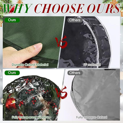4 Pack Wreath Storage Container, 24 Inch Christmas Wreath Storage Box with Clear Window and Handles Upgrade Oxford Cloth Garland Bags with Dual Zipper for Xmas Wrapping, Green
