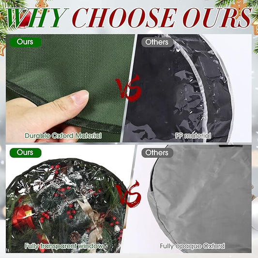 4 Pack Wreath Storage Container, 30 Inch Christmas Wreath Storage Box with Clear Window and Handles Upgrade Oxford Cloth Garland Bags with Dual Zipper for Xmas Wrapping, Green
