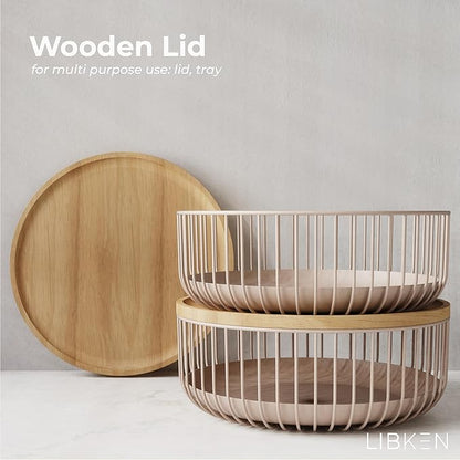 Fruit Basket for Kitchen - Multi-Purpose Stackable Basket with Wooden Lid - Powder Coated Metal and Rubber Wood - Wire Baskets for Organizing - Minimal Design - 11.4''x11.4''x4.5'' - Peach