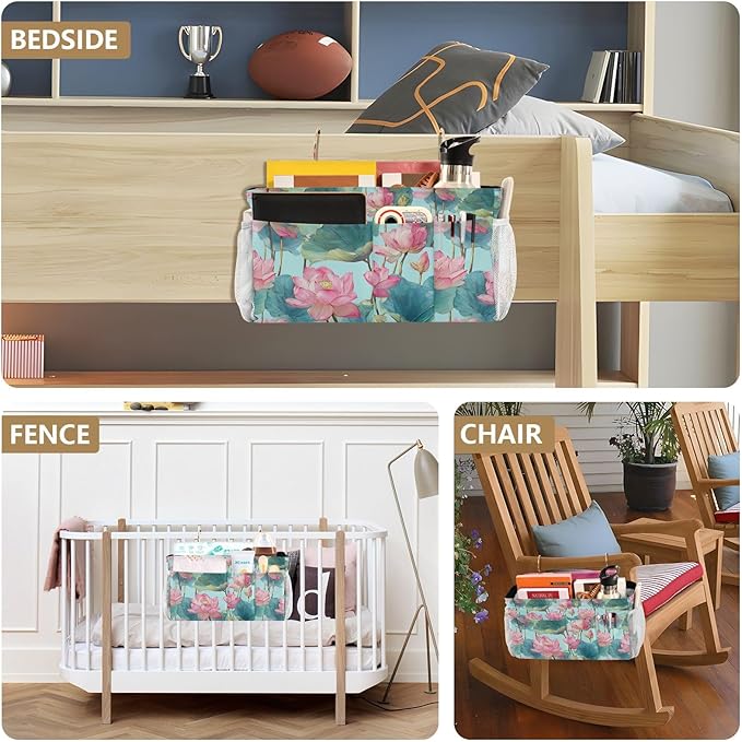 CuwrYet Bedside Caddy Hanging Bunk Bed Caddy Bed Organizer Hanging Pocket with 2 Hooks Bedside Storage Organizer Pocket Bag Holder Pastel Lotus Leaf Stem Floral