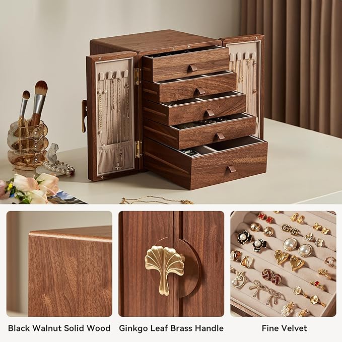Homruilink Wooden Jewelry Box 5 Layer Black Walnut Large Jewelry Organizer with Brass Handle for Necklaces Rings Earrings Watches Storage, Valentines Day Gifts for Her(7.9x8.7x10.0inches)