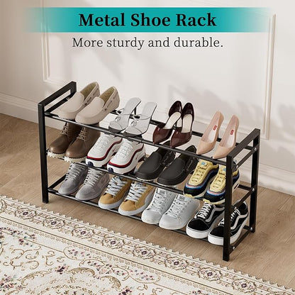 EKETE Expandable Shoe Rack,Adjustable and Stackable 3-Tier Shoe Rack Organizer, Shoe Rack for Closet,Space Saving,Metal Free Standing Shoe Rack for Entryway,Hallway,Closet Shoe Storage