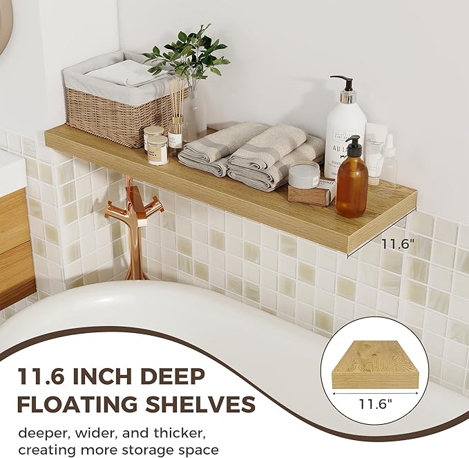 Fun Memories 12 Deep Floating Shelves, 40W x 12D Floating Shelves for Wall Set of 2, Extra Deeper Hanging Wood Shelves for Wall for Living Room Kitchen Laundry Room Kitchen Home Office - Oak
